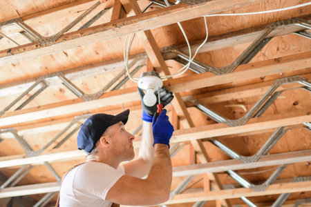 An Electrician Male Working on basement bulbの写真素材