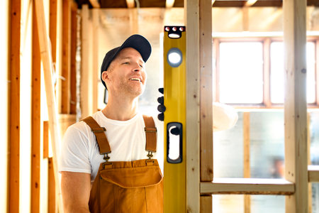 Construction Worker Using Power Tool in Unfinished Basement of New Homeの写真素材