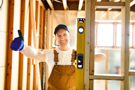 Construction Worker Using Power Tool in Unfinished Basement of New Homeの写真素材