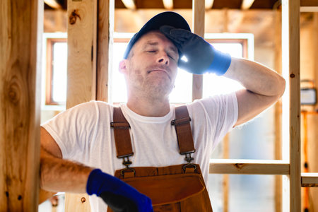 Construction Worker Using Power Tool in Unfinished Basement of New Home