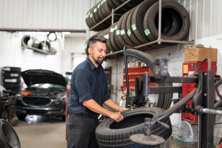 Nice and cool mechanic changing car tire at work