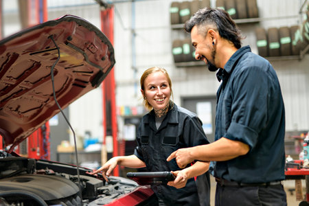 Two Handsome mechanic worker in uniform working on car with tablet