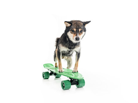 Black Shiba inu dog Japanese dog on studio white doing skateboardの写真素材