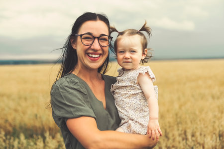 happy baby child girl and mother are playing in wheat field.の写真素材