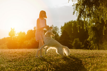 Portrait of teenage girl petting golden retriever outside in sunsetの写真素材