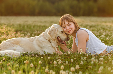 Portrait of teenage girl petting golden retriever outside in sunsetの写真素材