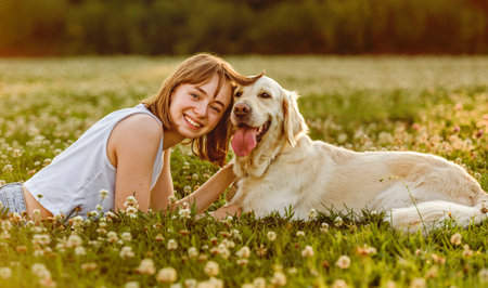 Portrait of teenage girl petting golden retriever outside in sunsetの写真素材