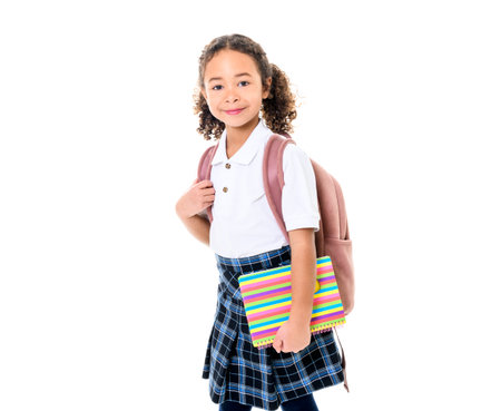 Education Concept. Portrait of black girl with backpack isolated on white studio background