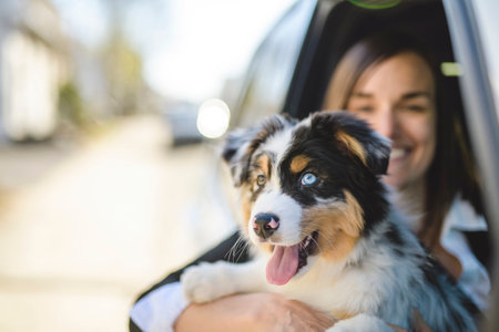 Woman and dog in car on summer travel. Funny dog Vacation with pet concept.の写真素材