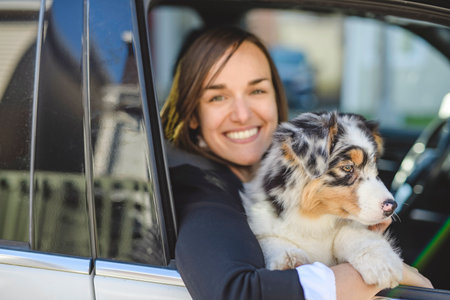 Woman and dog in car on summer travel. Funny dog Vacation with pet concept.の写真素材