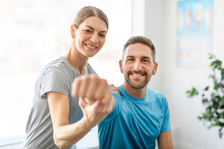 Modern rehabilitation physiotherapy woman worker with man client