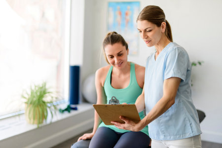 Modern rehabilitation physiotherapy woman worker with woman client using note pad to show.