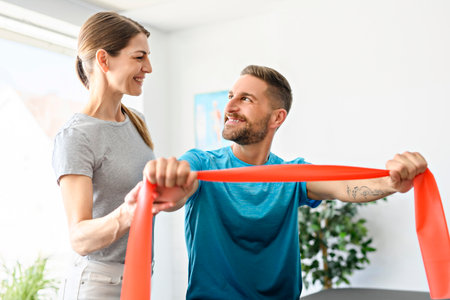Modern rehabilitation physiotherapy woman worker with man client using red elastic