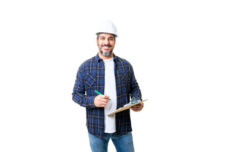 Construction Home Inspector Reviews Documents on studio white background with white helmet