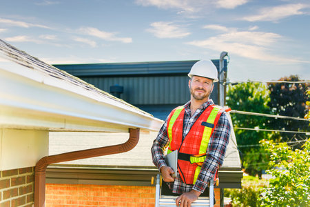man with hard hat standing on steps inspecting house roofの写真素材