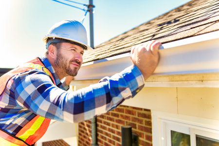 man with hard hat standing on steps inspecting house roof