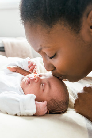 A Portrait of a beautiful black mother, with her nursing babyの写真素材