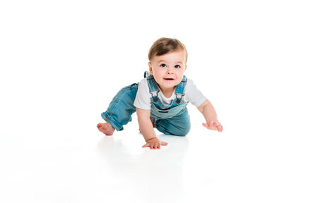 Cheerful baby boy toddler on white studio background