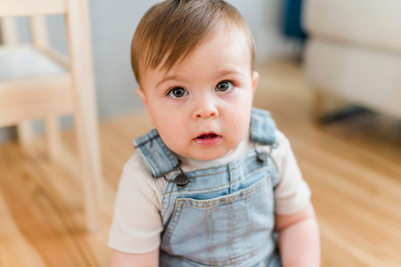 Adorable baby boy in white sunny bedroom in the morning at home