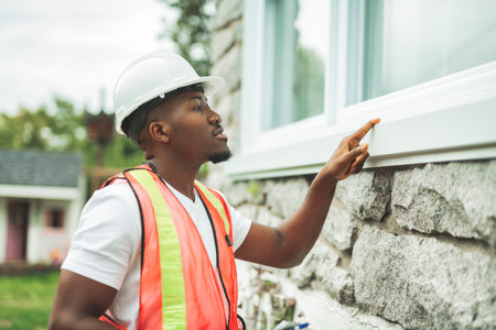 black man with hard hat to house inspectorの写真素材