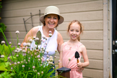 grandmother and granddaughter digging soil with gardening tools in yardの写真素材
