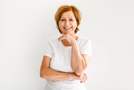 Senior casual woman style portrait, studio shot, isolated on white background