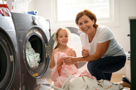 Beautiful grandmother and littlechild having fun and smiling while doing laundry at home.の写真素材