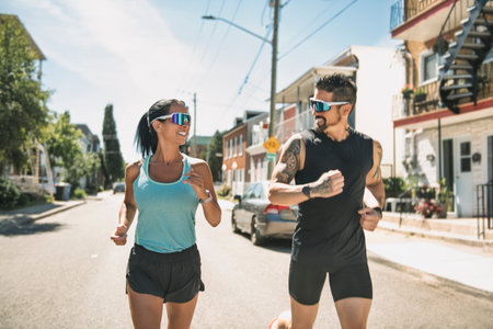 Young fitness couple running on a summer dayの写真素材