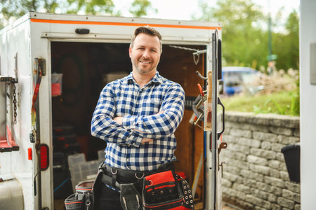 Portrait of an electrician happy worker at workの写真素材