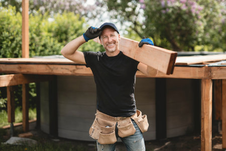 Handyman worker making patio outside close to a pool holding woodの写真素材