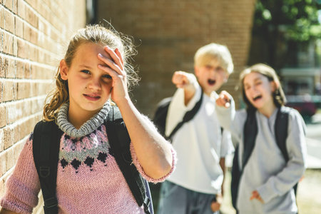 sad girl in Schoolyard with two friends