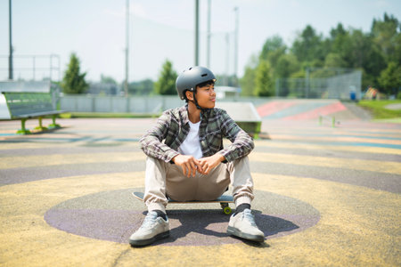 nice Boy with skateboards outside on skate playground