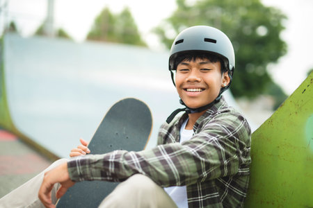 Boy with skateboards outside on skate playgroundの写真素材