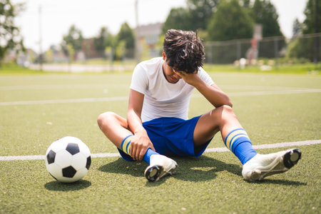Boy with soccer ball outside on field having injuryの写真素材