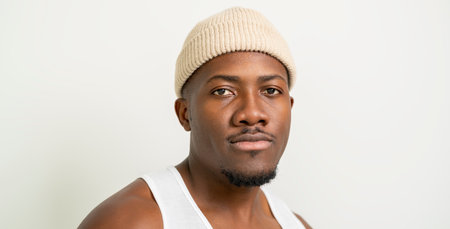 Men wearing white tanktop on ripped muscular torso in studio shot on white background