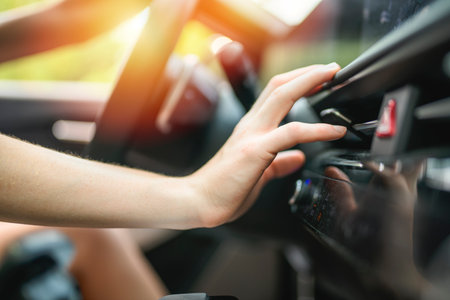 Hand, air conditioning and center console of car for temperature heat control and wind