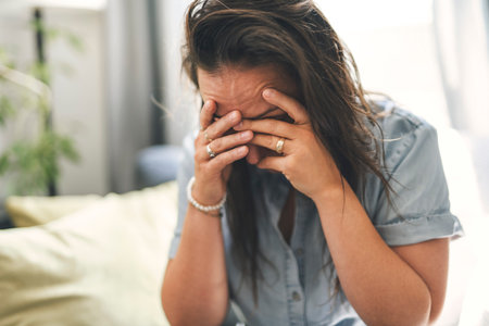 young woman with feeling sad and stressed, sick and headache