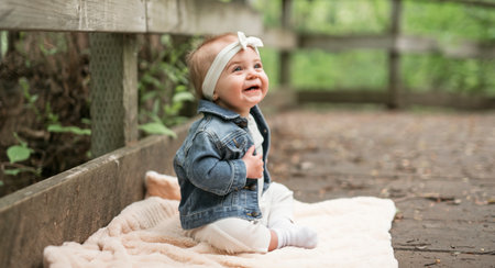 little six months baby girl outside on meadowの写真素材