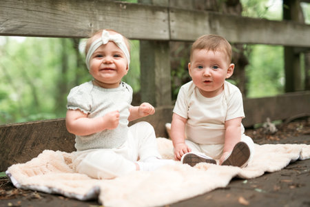 two little six months baby girls outsideの写真素材