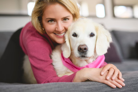 Teen Girl with her golden retriever dog at home