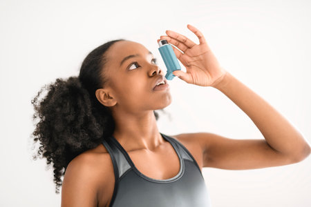 Woman, asthma pump inhaler for medical solution, respiratory or breathing.