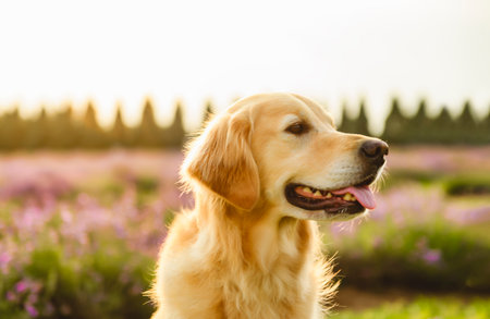Golden Retriever in the field with purple flowers lavenderの写真素材