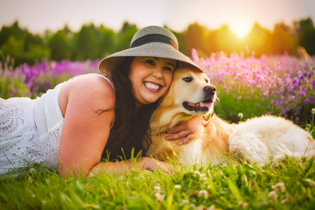 woman with golden retriever on a lavender fieldの写真素材
