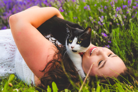 woman with cat friend on a lavender fieldの写真素材