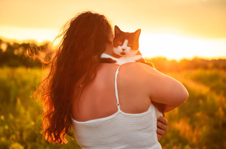 woman with cat on a lavender fieldの写真素材