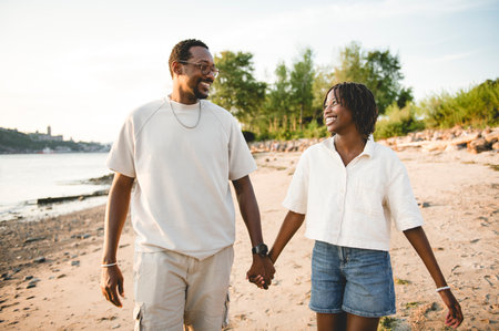 Cheerful father and daughter on beautiful seascape