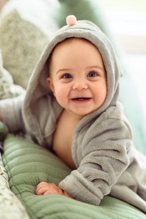 Baby girl in a Terry robe and diaper after bathing. Kid in a hood.の写真素材