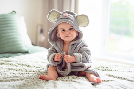 Baby girl in a robe and diaper after bathing. Kid in a hood.の写真素材