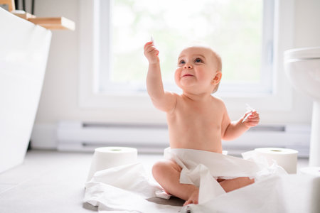 Toddler ripping up toilet paper in bathroomの写真素材