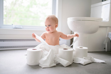 Toddler ripping up toilet paper in bathroomの写真素材